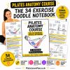 Pilates Anatomy Course hero graphic showing the 34 Exercise Doodle Notebook, sample anatomy doodle pages, printable PDF features, and bonus Pilates anatomy charts.