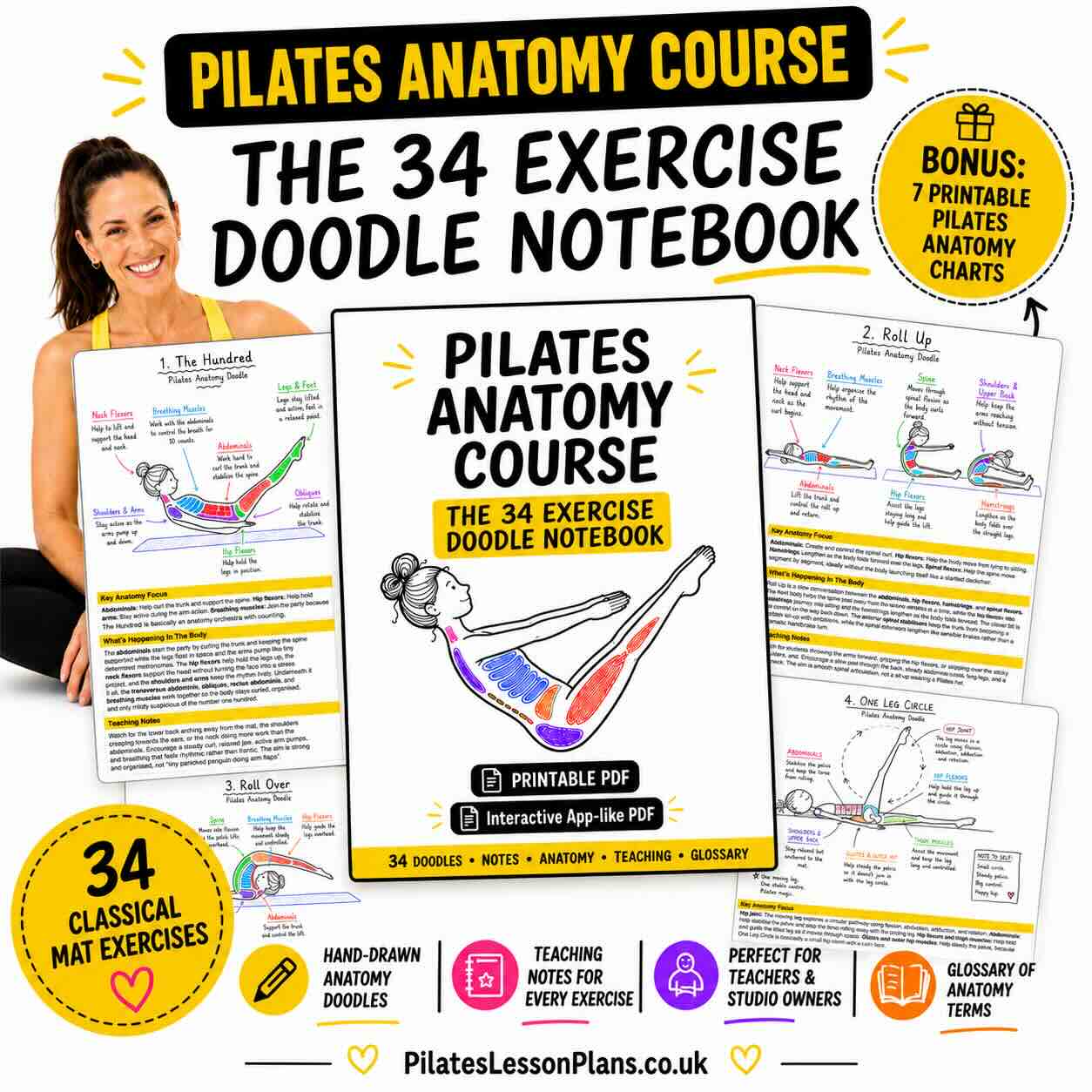 Pilates Anatomy Course hero graphic showing the 34 Exercise Doodle Notebook, sample anatomy doodle pages, printable PDF features, and bonus Pilates anatomy charts.