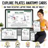 Promotional graphic showing the Pilates Anatomy Roll Over card displayed on a desktop, laptop, tablet, phone, and iPad, with a woman in a yellow Pilates top holding a tablet.