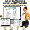 Promotional infographic showing the Pilates Common Mistakes and Corrections Cards displayed on a desktop, laptop, tablet, phone, and iPad, with a Pilates teacher holding a tablet.