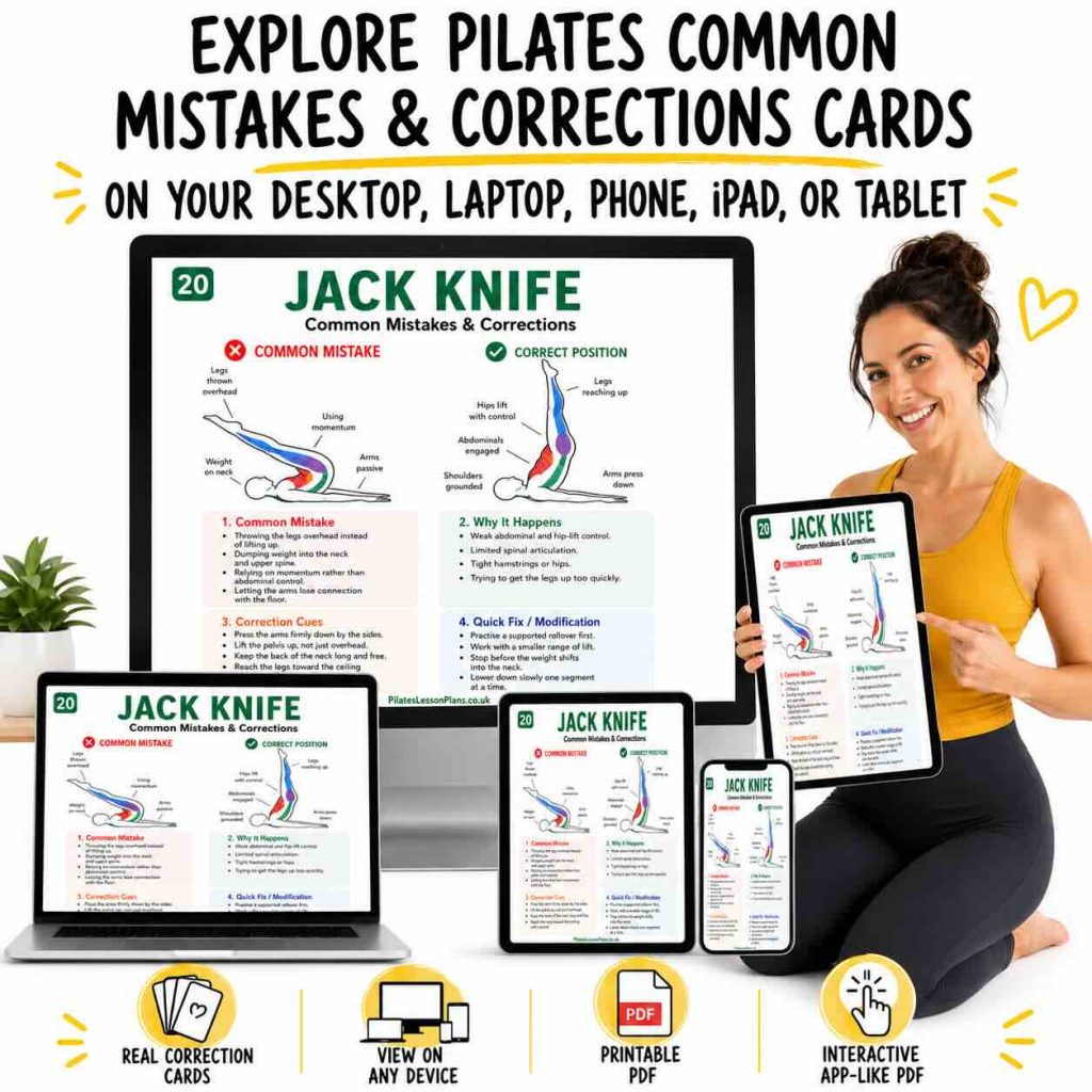 Promotional infographic showing the Pilates Common Mistakes and Corrections Cards displayed on a desktop, laptop, tablet, phone, and iPad, with a Pilates teacher holding a tablet.