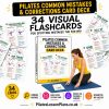 Hero image for the Pilates Common Mistakes & Corrections Card Deck, showing a yellow-topped Pilates teacher beside the card deck box and a sample card on a mat.