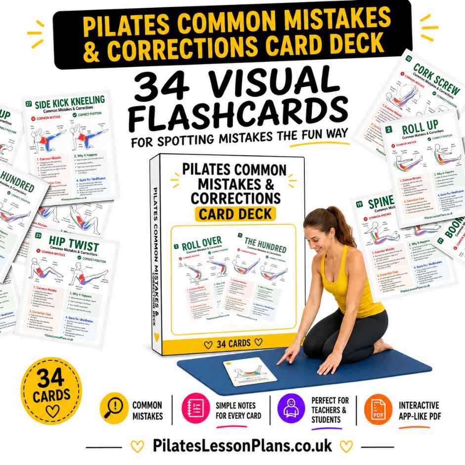 Hero image for the Pilates Common Mistakes & Corrections Card Deck, showing a yellow-topped Pilates teacher beside the card deck box and a sample card on a mat.