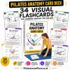 Pilates Anatomy Card Deck hero graphic showing 34 visual flashcards, sample anatomy cards, and a woman in a yellow top kneeling on a blue mat looking at a card