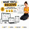 Promotional graphic showing what buyers receive with the Pilates Anatomy Card Deck, including 34 anatomy cards in PDF, JPG, and PNG formats, displayed on desktop, laptop, phone, and tablet, with a woman in a yellow Pilates top holding a card.