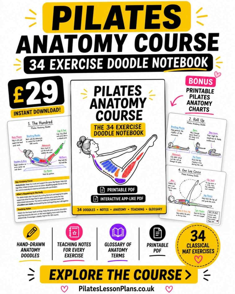 Pilates Anatomy Course graphic showing the 34 Exercise Doodle Notebook, printable PDF, anatomy doodle pages, bonus charts, and £29 instant download.