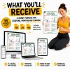 Promotional infographic showing what is included in the Pilates Common Mistakes and Corrections Card Deck, including PDF, JPG and PNG formats, device previews, and a Pilates teacher holding the Jack Knife card.