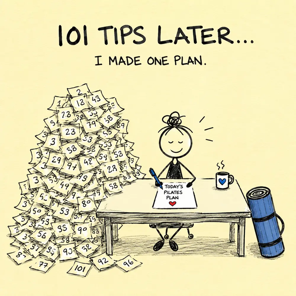 Humorous yellow sticky-note doodle showing a Pilates teacher making one class plan after reading 101 tips