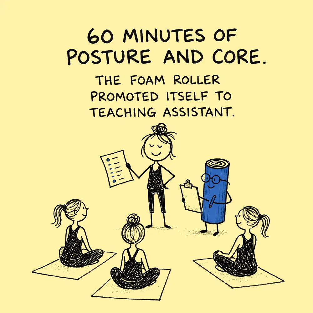 Humorous pale-yellow doodle showing a foam roller promoting itself to Pilates teaching assistant.