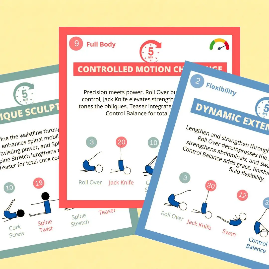 Three Joseph Pilates mini-workout cards on a pale yellow background