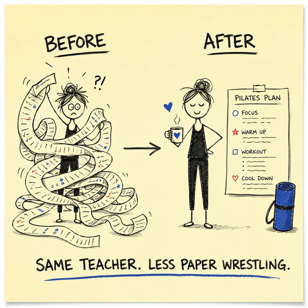 Humorous yellow sticky-note doodle comparing chaotic paper planning with a clear Pilates plan