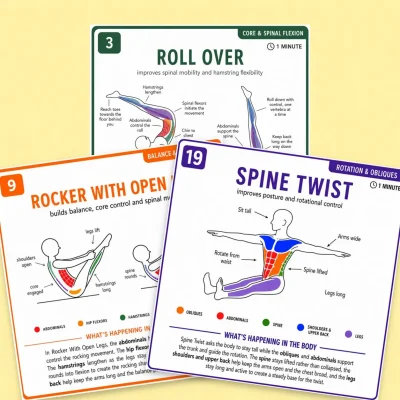 Three Pilates anatomy cards showing Roll Over, Rocker With Open Legs and Spine Twist on a pale yellow background