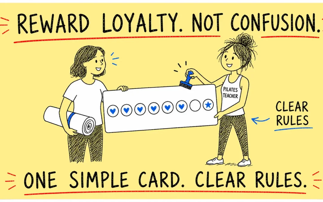 Hand-drawn sticky-note doodle of a happy Pilates teacher stamping a simple loyalty card for a student