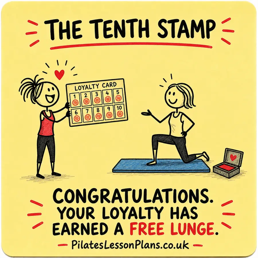 Humorous yellow sticky-note doodle showing a Pilates student receiving a reward after the tenth loyalty card stamp