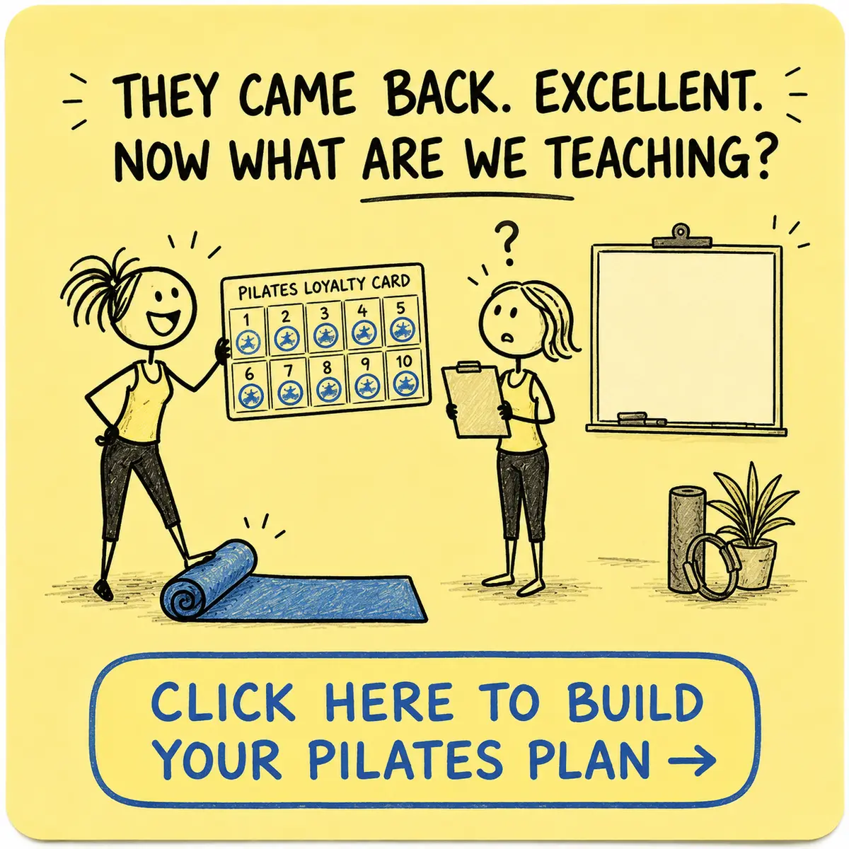 Humorous sticky-note doodle: the Pilates students came back and now the teacher needs to decide what to teach.