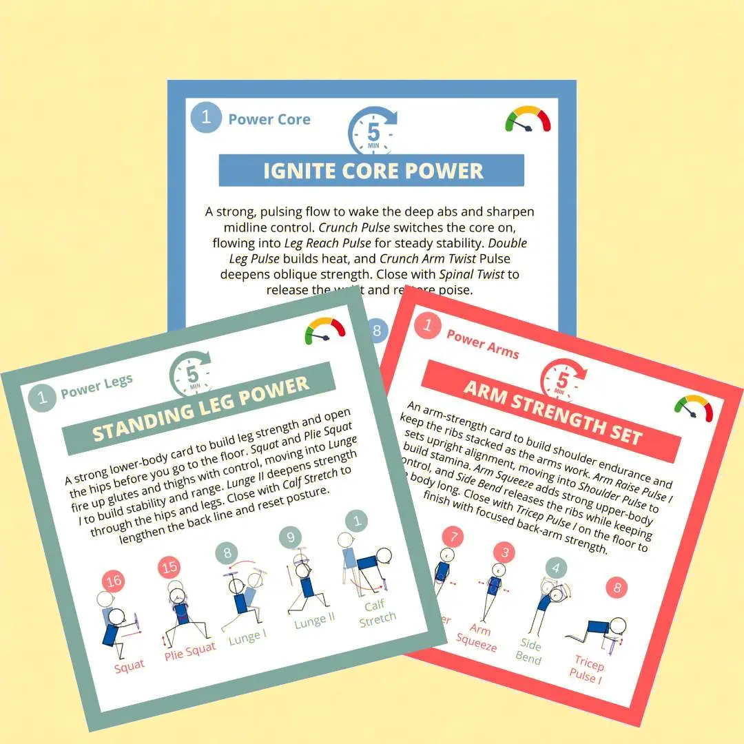 Three Pilates Magic Circle workout cards on a pale yellow background