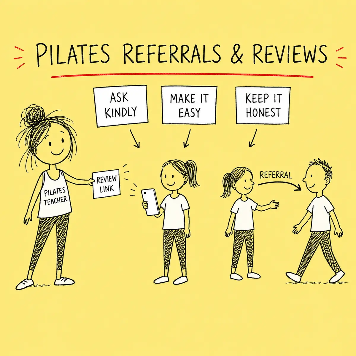 Hand-drawn sticky-note doodle showing a happy Pilates teacher making a kind review request and students sharing a referral.
