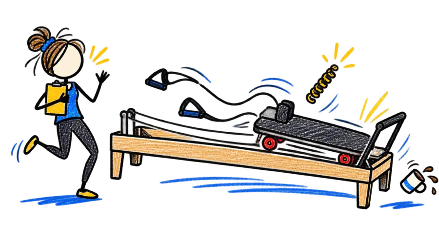 Hand-drawn Pilates teacher chasing a runaway Reformer carriage