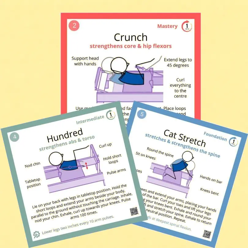 Three Reformer Pilates exercise cards on a pale yellow background