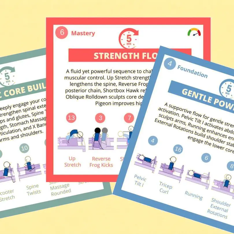 Three Reformer Pilates mini-workout cards on a pale yellow background