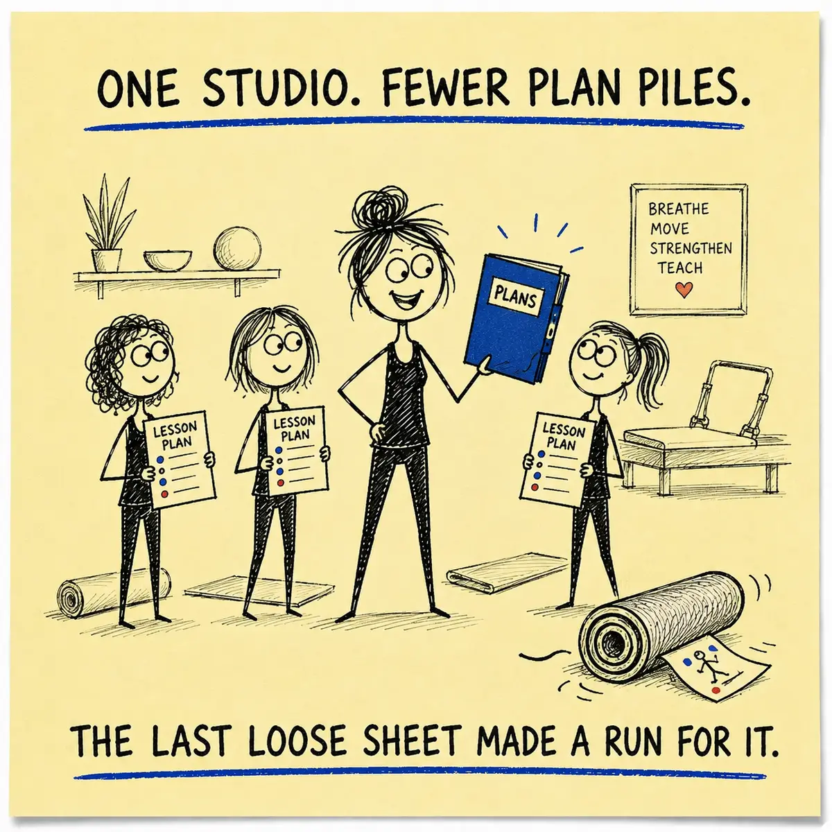 Sticky-note doodle of a Pilates studio owner organising lesson plans for three instructors while one loose sheet escapes under a mat.